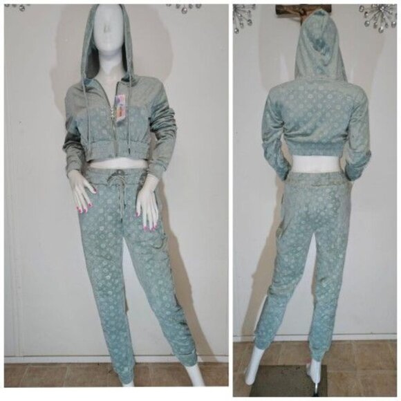Gray velour 2 PC Set Cropped. Jacket And Joggers - Picture 1 of 3